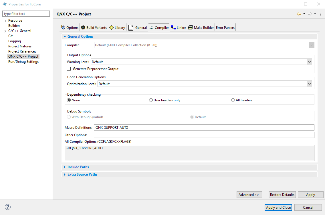 "Project settings on Momentics IDE 7.1"