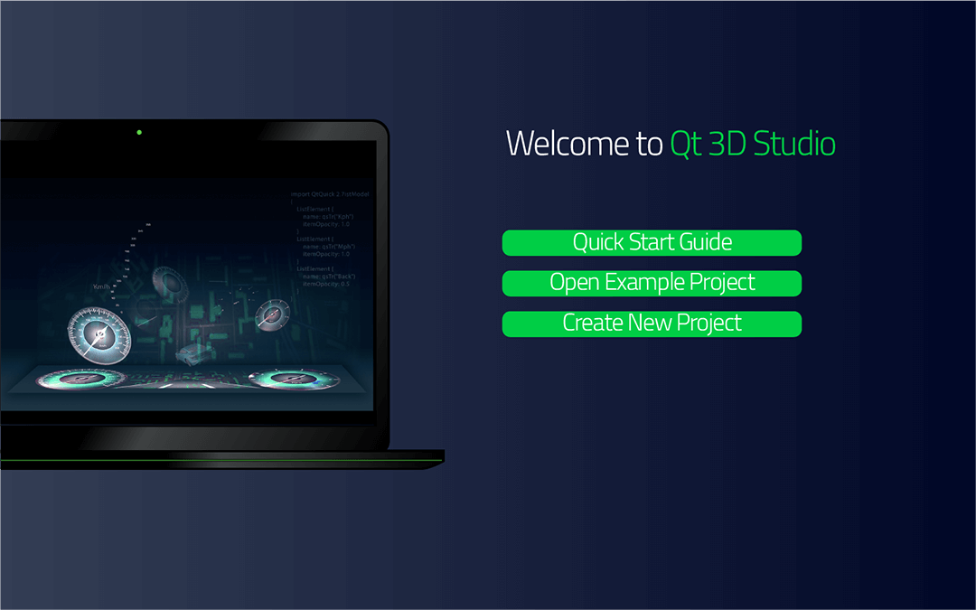 "Qt 3D Studio Welcome screen"