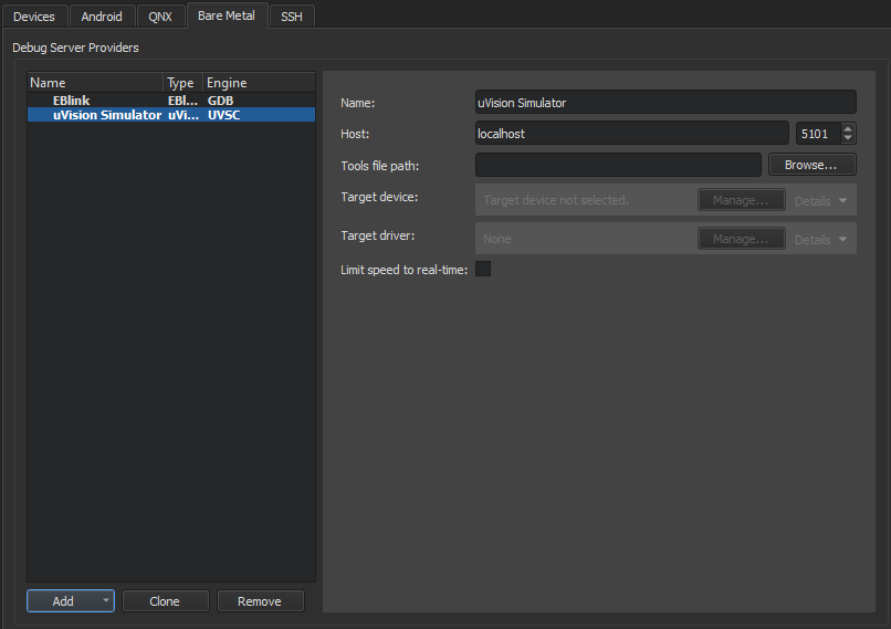 {Bare metal device preferences for uVision Simulator}