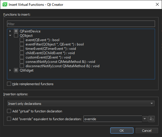 "Insert Virtual Functions dialog"