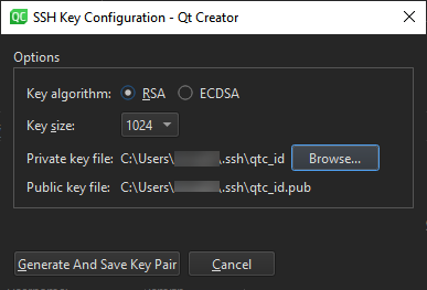 {SSH Key Configuration dialog}