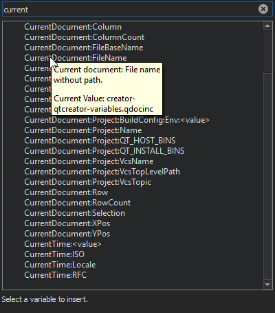 {Qt Creator Variables dialog showing a tooltip}