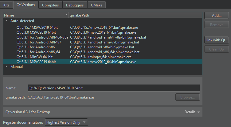 {Register documentation field in Qt Versions tab in Kit Preferences}