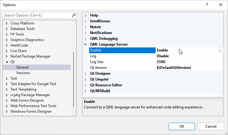 {QML Language Server section in Qt General Options}