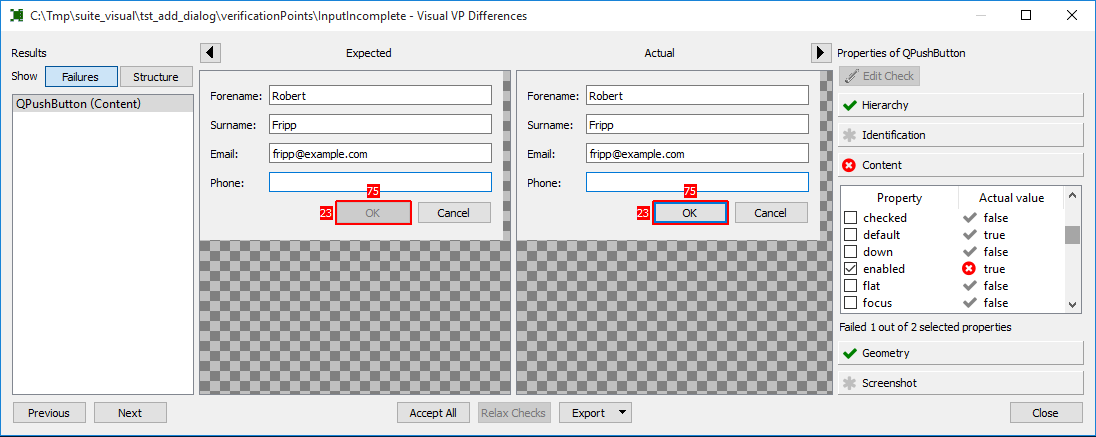 "Editor showing failed Visual Verification"